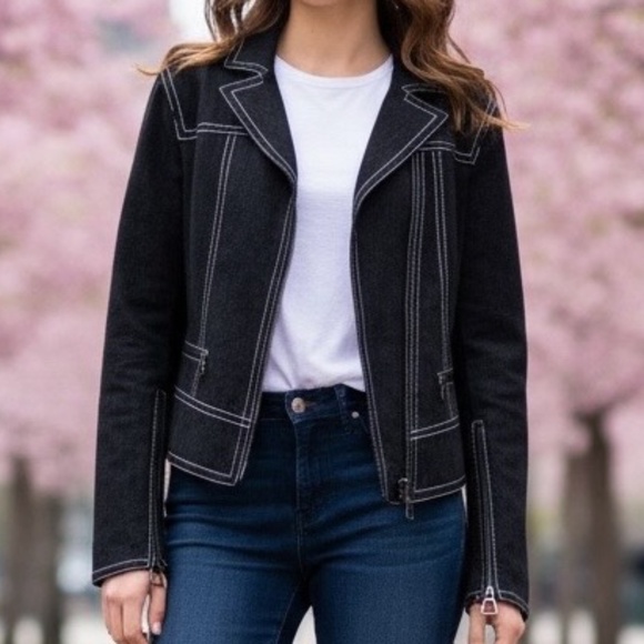 SOLD - Akris Denim Jacket with White Stitching and Zipper Details, Size 6 - Picture 1 of 10
